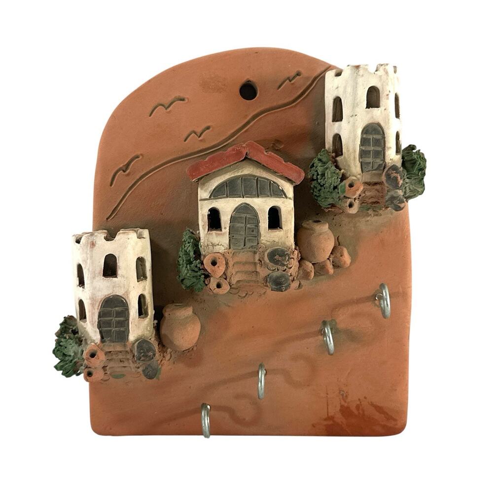 Vintage Terracotta Pottery Key Holder 3D Village Houses Wall Plaque 4 Hooks